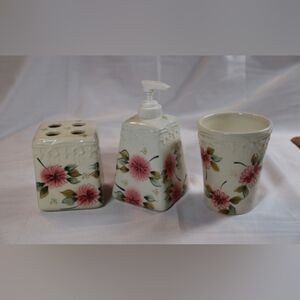 “Rite of Spring” Embossed Ivory & Pink Floral Ceramic Bathroom Set of 3pc